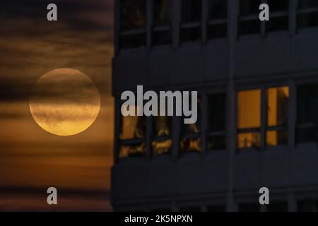 London, Großbritannien. 9.. Oktober 2022. Wetter in Großbritannien: Der volle Hunter's Moon steigt in der Nähe eines Hochhaus-Hochhauses im Südosten Londons. Nach Angaben der Almanac-Website geht man davon aus, dass die früheste Verwendung des Begriffs „Hunter’s Moon“ bis ins Jahr 1710 zurückreicht. Kredit: Guy Corbishley/Alamy Live Nachrichten Stockfoto