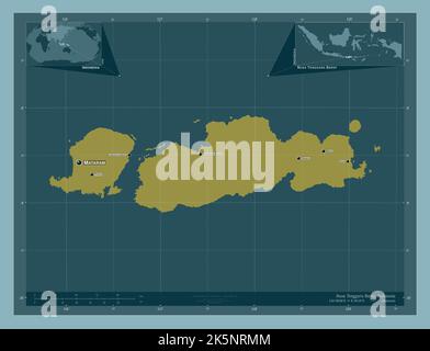 Nusa Tenggara Barat, Provinz Indonesien. Einfarbige Form. Orte und Namen der wichtigsten Städte der Region. Karten für zusätzliche Eckposition Stockfoto