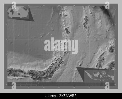 Sulawesi Utara, Provinz Indonesien. Höhenkarte in Graustufen mit Seen und Flüssen. Standorte der wichtigsten Städte der Region. Ecke Zusatzlokation Stockfoto