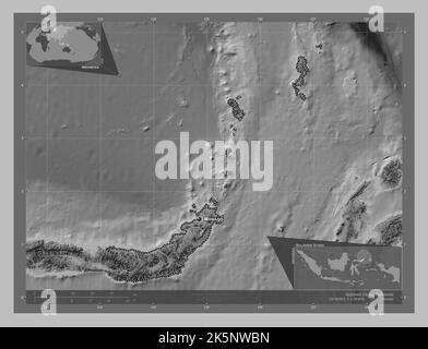 Sulawesi Utara, Provinz Indonesien. Höhenkarte in Graustufen mit Seen und Flüssen. Orte und Namen der wichtigsten Städte der Region. Ecke auxili Stockfoto