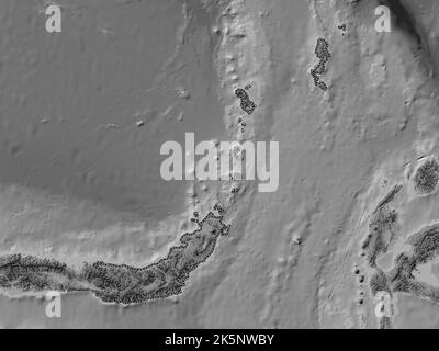 Sulawesi Utara, Provinz Indonesien. Höhenkarte in Graustufen mit Seen und Flüssen Stockfoto