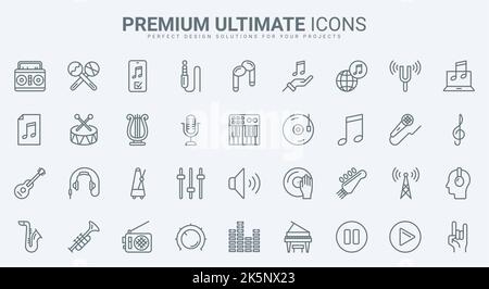 Symbole für dünne Linien von Musik stellen Vektordarstellung ein. Skizzieren Sie akustische Instrumente, Noten und Symbole für die digitale Musiktechnologie, Menütasten der Benutzeroberfläche und Piktogramm für die Lautstärkeregelung, Mikrofon und Kopfhörer Stock Vektor