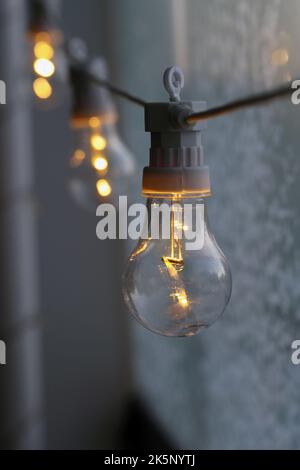 Dekorative, einfache Glühbirne, die an einem kalten Tag auf einem Balkon hängt. Glas mit Eiskristallen im Hintergrund. Energie, Energiekrise und Elektrizität. Stockfoto