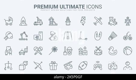 Spielzeug für Spiele von Jungen und Mädchen dünne Linie Symbole Vektorgrafik setzen. Skizzieren Kindheit Piktogramm-Kollektion mit Kinderwagen, Gummiente und Auto, Unterhaltung für die Freizeit der Kinder Stock Vektor