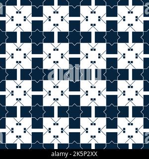 Blaues islamisches Muster. Orientalische Tartanstruktur. Geometrisches, nahtloses Blumenmuster. Abstrakter Hintergrund. Winterschmuck. Vintage-Tapete. Stockfoto