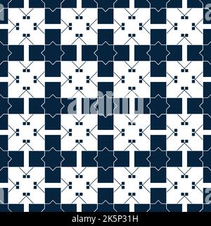 Blaues islamisches Muster. Orientalische Tartanstruktur. Geometrisches, nahtloses Blumenmuster. Abstrakter Hintergrund. Winterschmuck. Vintage-Tapete. Stockfoto