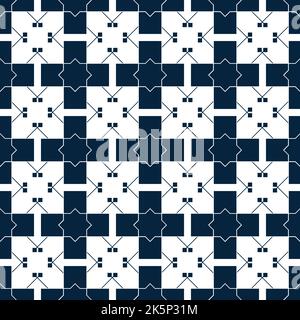 Blaues islamisches Muster. Orientalische Tartanstruktur. Geometrisches, nahtloses Blumenmuster. Abstrakter Hintergrund. Winterschmuck. Vintage-Tapete. Stockfoto