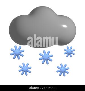 Graues Symbol mit 3D Schneewolken. 3D Schneesturm-Wetterelement isoliert auf weißem Hintergrund. Klima-Konzept - weiche Baumwolle Cartoon flauschige Wolke. Plast rendern Stockfoto