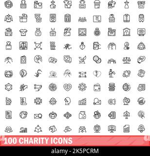 100 Charity-Symbole eingestellt. Skizzieren Sie die Darstellung von 100 karitativen Symbolen, die auf weißem Hintergrund isoliert sind Stock Vektor