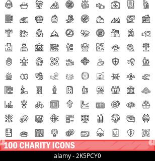 100 Charity-Symbole eingestellt. Skizzieren Sie die Darstellung von 100 karitativen Symbolen, die auf weißem Hintergrund isoliert sind Stock Vektor