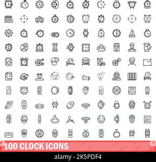 100 Uhrensymbole eingestellt. Skizzieren Sie die Darstellung von 100 Uhrensymbolen, die auf weißem Hintergrund isoliert eingestellt sind Stock Vektor