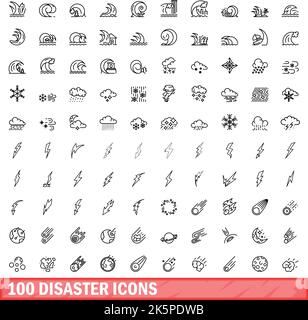 100 Notfallsymbole eingestellt. Skizzieren Sie die Darstellung von 100 Katastrophensymbolen, die auf weißem Hintergrund isoliert sind Stock Vektor