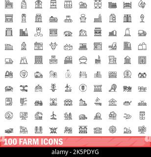 100 Farmsymbole eingestellt. Skizzieren Sie die Darstellung von 100 Farmsymbolen, die auf weißem Hintergrund isoliert sind Stock Vektor