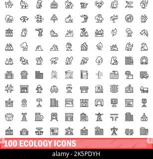 100 ökologische Symbole gesetzt. Skizzieren Illustration von 100 Ökologie Symbole Vektor-Set isoliert auf weißem Hintergrund Stock Vektor
