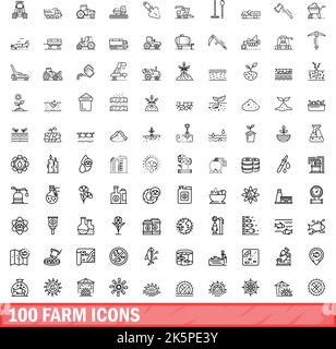 100 Farmsymbole eingestellt. Skizzieren Sie die Darstellung von 100 Farmsymbolen, die auf weißem Hintergrund isoliert sind Stock Vektor