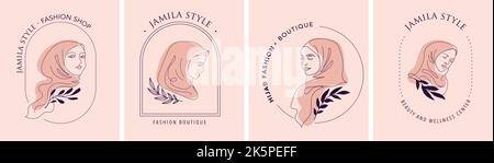 Frauen in Hijab Kollektion, Vektor-Logo und Branding Design-Vorlagen in minimalem Stil, für Beauty-Center, Modestudio, Friseursalon und Kosmetik Stock Vektor