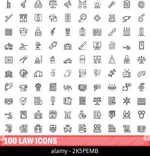100 Symbole für Gesetze festgelegt. Skizzieren Sie die Darstellung von 100 Gesetzensymbolen, die auf weißem Hintergrund isoliert sind Stock Vektor
