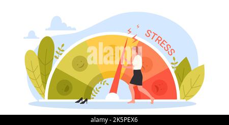 Stresslevel, Stimmung und Emotionen – Vektordarstellung. Cartoon kleine Geschäftsfrau schieben mit Mühe Pfeil auf dem Armaturenbrett Zifferblatt des Messgeräts, um Druck zu reduzieren und verwalten Spannung, Senkung der Depression Stock Vektor