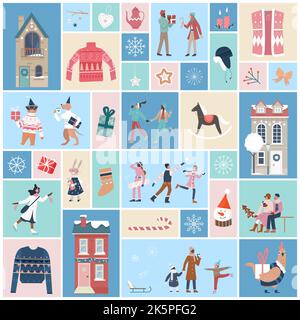 Glückliche Menschen feiern Winterferien Set Vektor Illustration. Cartoon Menschen-und Tierfiguren in Pullover und warme Kleidung gehen zum Skaten und Ski, geben Geschenkbox in quadratischen Collage Hintergrund Stock Vektor