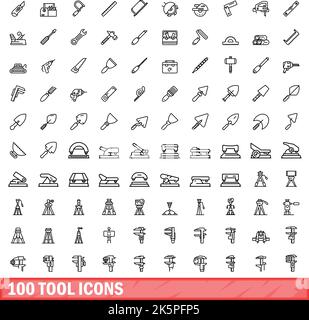 100 Werkzeugsymbole eingestellt. Skizzieren Sie die Darstellung von 100 Werkzeugsymbolen, die auf weißem Hintergrund isoliert sind Stock Vektor