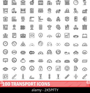 100 Transportsymbole eingestellt. Skizzieren Sie die Darstellung von 100 Transportsymbolen, die auf weißem Hintergrund isoliert sind Stock Vektor