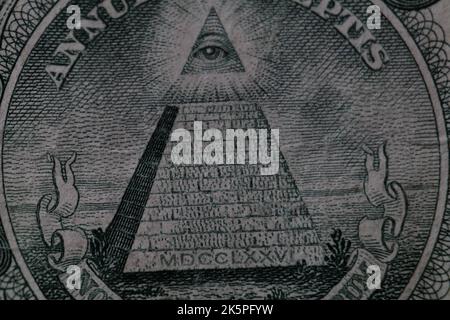 Eine Dollar Rechnung große Robbenpyramide und All-Seeing Eye Detail Nahaufnahme Stockfoto