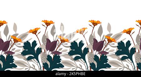 Vektor florales Nahtloses Muster, Rand. Horizontales Panorama-Herbstdesign mit gelb-orangen Blüten auf weißem Hintergrund. Stock Vektor