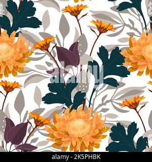 Vektor-Nahtloses Blumenmuster. Gelbe Chrysanthemen auf weißem Hintergrund. Stock Vektor