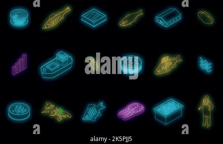 Symbole für die Fischfarm gesetzt. Isometrischer Satz von Fischfarm Vektor-Icons Neonfarbe auf schwarz Stock Vektor