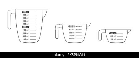 Set mit Messbecher mit 1 Liter, 500 und 300 ml Volumen. Flüssige Behälter zum Kochen mit Flüssigkeitsskala. Vektorgrafik. Stock Vektor