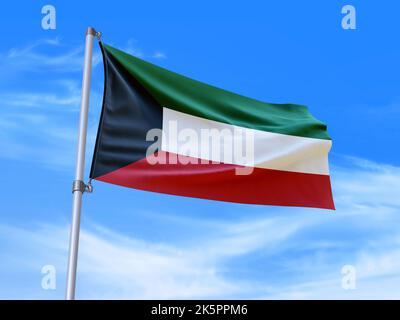 Schöne Kuwait Flagge winkt im Wind mit Himmel Hintergrund - 3D Abbildung - 3D Rendern Stockfoto