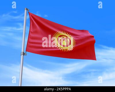 Schöne Kirgisistan Flagge winkt im Wind mit Himmelshintergrund - 3D-Illustration - 3D-Rendering Stockfoto