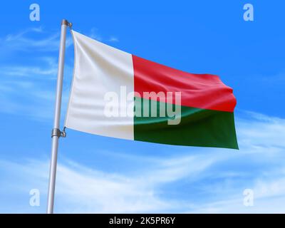 Schöne Madagaskar Flagge winkt im Wind mit Himmel Hintergrund - 3D Abbildung - 3D Rendering Stockfoto