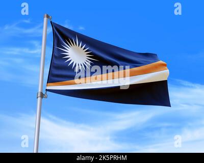 Wunderschöne Flagge der Marshall-Inseln, die im Wind winkt, mit Himmelshintergrund - 3D Abbildung - 3D Rendering Stockfoto