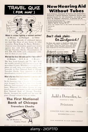 Werbeseite, Reisequiz, Hörhilfen, Drucker im Magazin NatGeo, Mai 1954 Stockfoto