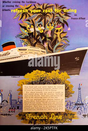 French Line Cruises Anzeige in der Zeitschrift NatGeo, 1954 Stockfoto