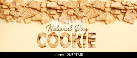 Leckere Cracker und Text NATIONALEN COOKIE-TAG auf hellem Hintergrund Stockfoto