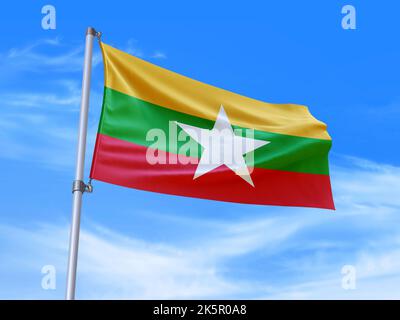 Schöne Myanmar Flagge winkt im Wind mit Himmel Hintergrund - 3D Abbildung - 3D Rendering Stockfoto