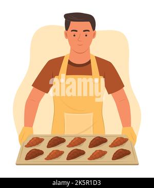 Baker man hält Tablett mit Croissants Stock Vektor
