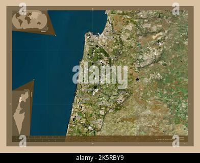 Haifa, Bezirk Israel. Satellitenkarte mit niedriger Auflösung. Orte und Namen der wichtigsten Städte der Region. Karten für zusätzliche Eckposition Stockfoto