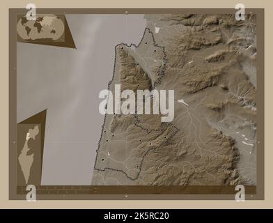 Haifa, Bezirk Israel. Höhenkarte in Sepia-Tönen mit Seen und Flüssen. Standorte der wichtigsten Städte der Region. Ecke Zusatzlokat Stockfoto