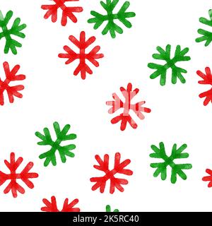 Handgezeichnetes nahtloses Aquarellmuster mit rot-grünen Schneeflocken Schneefrost. Weihnachten festliche helle Stoffdruck, Frost Hintergrund, niedliche minimalistische Kunst Stockfoto