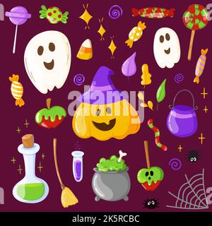 Halloween Vektor Kritzeleien Set. Handgezeichnete Illustration für den Allerheiligen-Abendtag. Niedliche bunte Vektor Clip Art für Aufkleber und Dekoration. Stock Vektor