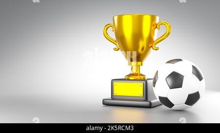 Gold Trophäe Tasse und Fußball oder Fußball auf grauem Hintergrund mit Kopierfläche . 3D Rendering . Stockfoto