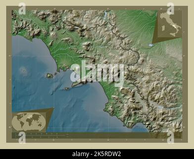 Kampanien, Region von Italien. Höhenkarte im Wiki-Stil mit Seen und Flüssen. Karten für zusätzliche Eckposition Stockfoto