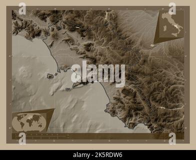 Kampanien, Region von Italien. Höhenkarte in Sepia-Tönen mit Seen und Flüssen. Karten für zusätzliche Eckposition Stockfoto