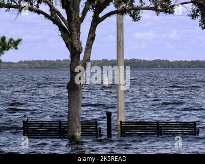 Sanford, Usa. 09. Oktober 2022. Am Sanford Riverwalk sind Gehsteigebänke unter Wasser zu sehen, wenn der St. John's River eine große Überschwemmungsstufe erreicht, was den Lake Monroe nach dem Sturmflut Ian in der Innenstadt von Sanford dazu veranlass, die Meeresmauer zu durchbrechen. Der St. John's River wird heute Abend erwartet, bevor er langsam zurückgeht. (Foto von Paul Hennessy/SOPA Images/Sipa USA) Quelle: SIPA USA/Alamy Live News Stockfoto