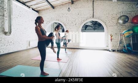 Dolly-Aufnahme von ziemlich schlanken jungen Frauen, die in einem leichten Fitnessstudio im Loft-Stil Balancing-Yoga-Übungen machen. Die Studierenden konzentrieren sich auf die Praxis. Sportgeräte, Fitnessbälle und Matten sind sichtbar. Stockfoto