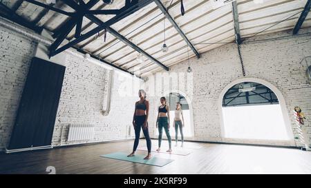 Yoga-Klasse ist die Ausübung Yoga-Pose. Holzboden, weiße Backsteinwände, moderne Revers, bunte Matten sind sichtbar. Stockfoto