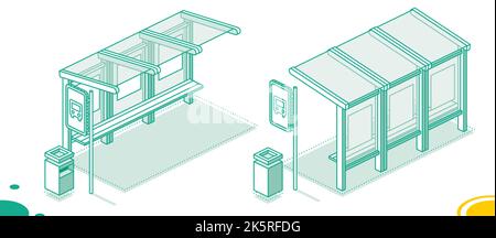 Isometrische Bushaltestelle. Umrisskonzept isoliert auf Weiß. Vektorgrafik. Vorder- und Rückansicht. Stock Vektor